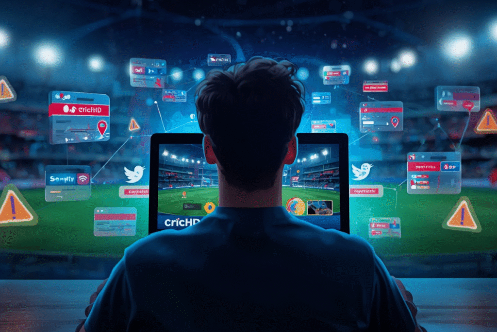 “CricHD streaming concept showing cricket match links from third-party websites.”